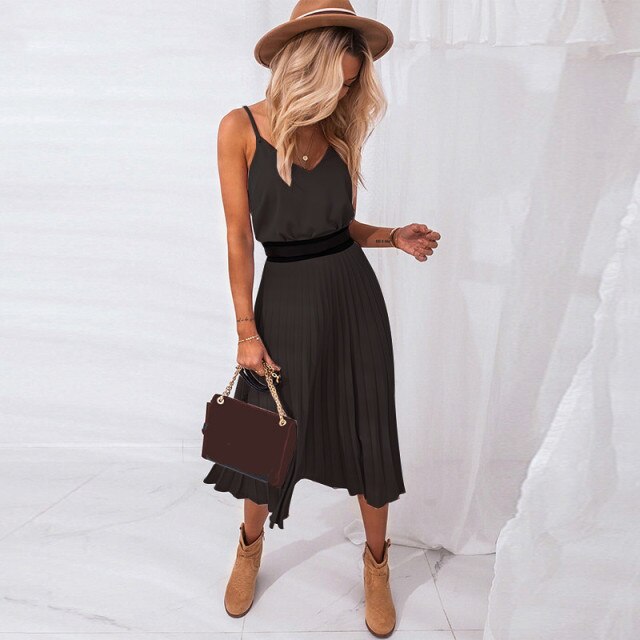 Women Sexy V Neck Spaghetti Strap Party Dress Elegant Female Pleated Office Dress 2020 New Fashion Summer Solid Midi Dresses