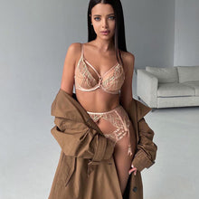 Load image into Gallery viewer, Women Sexy Wave Embroidery Underwear 3 Pieces Set Erotic Bra and Brief Set with Garters Sensual Lingerie Lace Female Suit