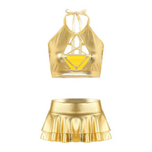 Load image into Gallery viewer, Women Shiny Metallic Punk Dance Costumes Halter Neck Hollow Out Backless Crop Top with Ruffle Mini Skirt Pole Dance Clothing Set