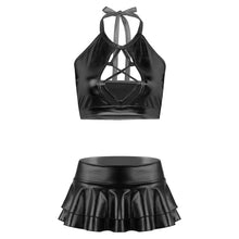 Load image into Gallery viewer, Women Shiny Metallic Punk Dance Costumes Halter Neck Hollow Out Backless Crop Top with Ruffle Mini Skirt Pole Dance Clothing Set