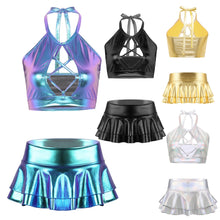Load image into Gallery viewer, Women Shiny Metallic Punk Dance Costumes Halter Neck Hollow Out Backless Crop Top with Ruffle Mini Skirt Pole Dance Clothing Set