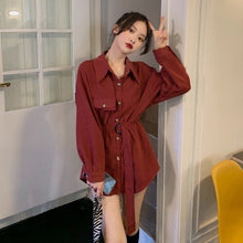 Load image into Gallery viewer, Women Shirts 2021 New Korean Fashion Elegant Retro Solid Color Lapel Single-breasted Loose Tie Waist Long-sleeved Shirt Top