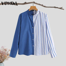 Load image into Gallery viewer, Women Shirts 2021 VONDA Sexy V Neck Long Sleeve Casual Striped Tops Casual Pleated Button Up Shirts Blouse Blusas Femininas