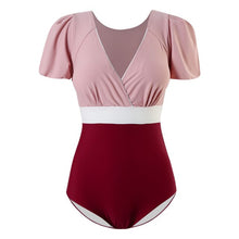 Load image into Gallery viewer, Women Short Sleeve One Piece Swimwear Padded Bathing Suit Solid Ruffle Monokini Push Up Swim Suit Korea Style V-neck