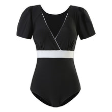 Load image into Gallery viewer, Women Short Sleeve One Piece Swimwear Padded Bathing Suit Solid Ruffle Monokini Push Up Swim Suit Korea Style V-neck