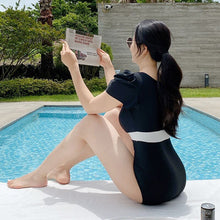 Load image into Gallery viewer, Women Short Sleeve One Piece Swimwear Padded Bathing Suit Solid Ruffle Monokini Push Up Swim Suit Korea Style V-neck