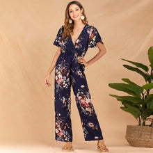 Load image into Gallery viewer, Women Short Sleeve Ruffle High Waist Floral Print Long Wide Leg Rompers Casual Elegant  V Neck Streetwear Loose Long Jumpsuits