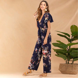 Women Short Sleeve Ruffle High Waist Floral Print Long Wide Leg Rompers Casual Elegant  V Neck Streetwear Loose Long Jumpsuits