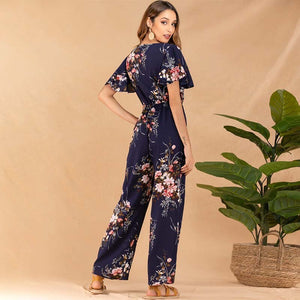 Women Short Sleeve Ruffle High Waist Floral Print Long Wide Leg Rompers Casual Elegant  V Neck Streetwear Loose Long Jumpsuits
