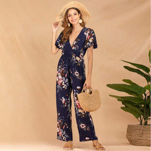 Load image into Gallery viewer, Women Short Sleeve Ruffle High Waist Floral Print Long Wide Leg Rompers Casual Elegant  V Neck Streetwear Loose Long Jumpsuits