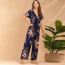 Load image into Gallery viewer, Women Short Sleeve Ruffle High Waist Floral Print Long Wide Leg Rompers Casual Elegant  V Neck Streetwear Loose Long Jumpsuits