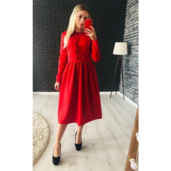 Women Single-breasted Straight Dress Autumn Winter Casual O Neck Solid Dresses Fashion Elegant Party Mid Length Dress 2021 New