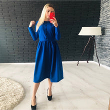 Load image into Gallery viewer, Women Single-breasted Straight Dress Autumn Winter Casual O Neck Solid Dresses Fashion Elegant Party Mid Length Dress 2021 New