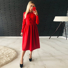 Load image into Gallery viewer, Women Single-breasted Straight Dress Autumn Winter Casual O Neck Solid Dresses Fashion Elegant Party Mid Length Dress 2021 New