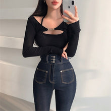 Load image into Gallery viewer, Women Skinny Long Sleeve Blouse T-Shirt Summer Sexy Girl Cutout Crop Top Knitted Chic Detachable Two Piece Tops Streetwear