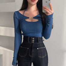 Load image into Gallery viewer, Women Skinny Long Sleeve Blouse T-Shirt Summer Sexy Girl Cutout Crop Top Knitted Chic Detachable Two Piece Tops Streetwear