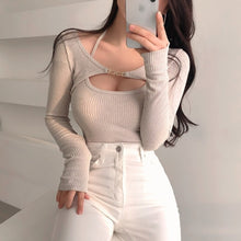 Load image into Gallery viewer, Women Skinny Long Sleeve Blouse T-Shirt Summer Sexy Girl Cutout Crop Top Knitted Chic Detachable Two Piece Tops Streetwear