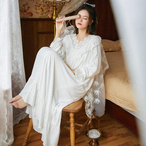 Women Sleepwear Long Nightdress Cotton Sexy Lace Nighties Vintage Nightgowns Elegant Nightwear Palace Style Home Clothing