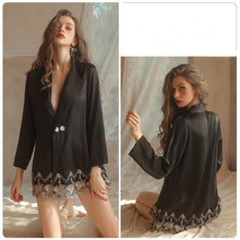 Load image into Gallery viewer, Women Sleepwear Sexy Underwear Satin Cardigan Lace V-neck Petticoat Loose Comfortable Home Clothes Wedding Robes Nightdress Set