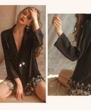 Load image into Gallery viewer, Women Sleepwear Sexy Underwear Satin Cardigan Lace V-neck Petticoat Loose Comfortable Home Clothes Wedding Robes Nightdress Set