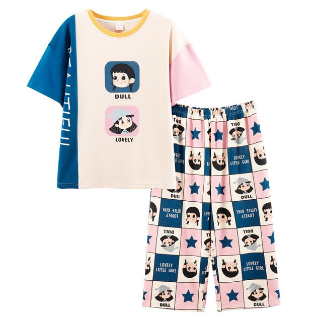 Women Sleepwear Summer Thin Cotton Short Sleeve Pajamas Girls Casual Capris Home Wear Set Sleep Lounge Wear Cute Nightgown Cloth