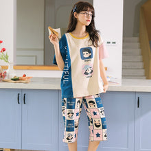 Load image into Gallery viewer, Women Sleepwear Summer Thin Cotton Short Sleeve Pajamas Girls Casual Capris Home Wear Set Sleep Lounge Wear Cute Nightgown Cloth