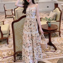 Load image into Gallery viewer, Women Sleeveless Summer Dress Floral Print Slash Neck Lace-up Spaghetti Strap Chiffon Dresses Ladies Long Dress Vestido De Mujer