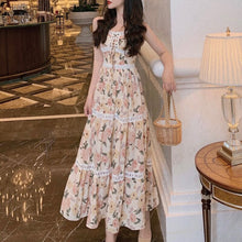 Load image into Gallery viewer, Women Sleeveless Summer Dress Floral Print Slash Neck Lace-up Spaghetti Strap Chiffon Dresses Ladies Long Dress Vestido De Mujer