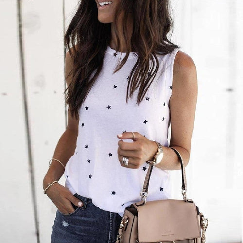 Women Sleeveless T-Shirts 2020 Summer Digital Star Printing O Neck Slim T-shirt Ladies White Top Streetwear Office Camisas Mujer