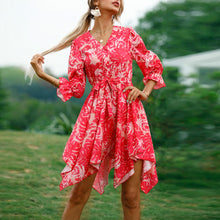 Load image into Gallery viewer, Women Slim Floral Print Irregular Boho Dress Elegant Female Vestido Fashion Party V Neck  Half Sleeve Dress Summer Beach Dresses