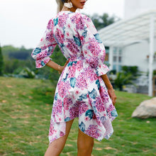 Load image into Gallery viewer, Women Slim Floral Print Irregular Boho Dress Elegant Female Vestido Fashion Party V Neck  Half Sleeve Dress Summer Beach Dresses