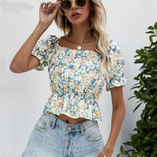 Load image into Gallery viewer, Women Slim Floral Printed Ruffle Chiffon Blouse Female Chic Square Collar Short Sleeve Crop Top Streetwear Casual Shirts 2022