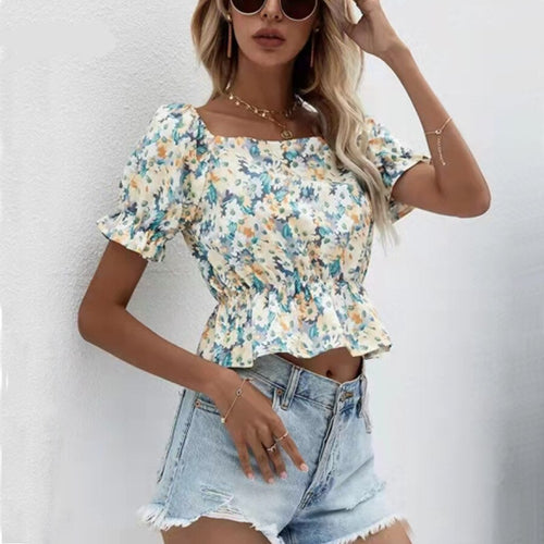 Women Slim Floral Printed Ruffle Chiffon Blouse Female Chic Square Collar Short Sleeve Crop Top Streetwear Casual Shirts 2022