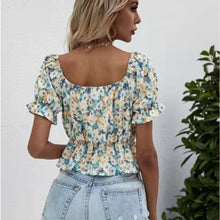 Load image into Gallery viewer, Women Slim Floral Printed Ruffle Chiffon Blouse Female Chic Square Collar Short Sleeve Crop Top Streetwear Casual Shirts 2022
