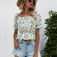 Load image into Gallery viewer, Women Slim Floral Printed Ruffle Chiffon Blouse Female Chic Square Collar Short Sleeve Crop Top Streetwear Casual Shirts 2022