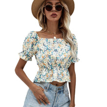 Load image into Gallery viewer, Women Slim Floral Printed Ruffle Chiffon Blouse Female Chic Square Collar Short Sleeve Crop Top Streetwear Casual Shirts 2022