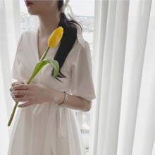 Load image into Gallery viewer, Women Solid A-Line Kawaii Dress Korean V-Neck Short Sleeve Party Dress Summer Ladies Empire Above Knee Vestidos Cute Clothing