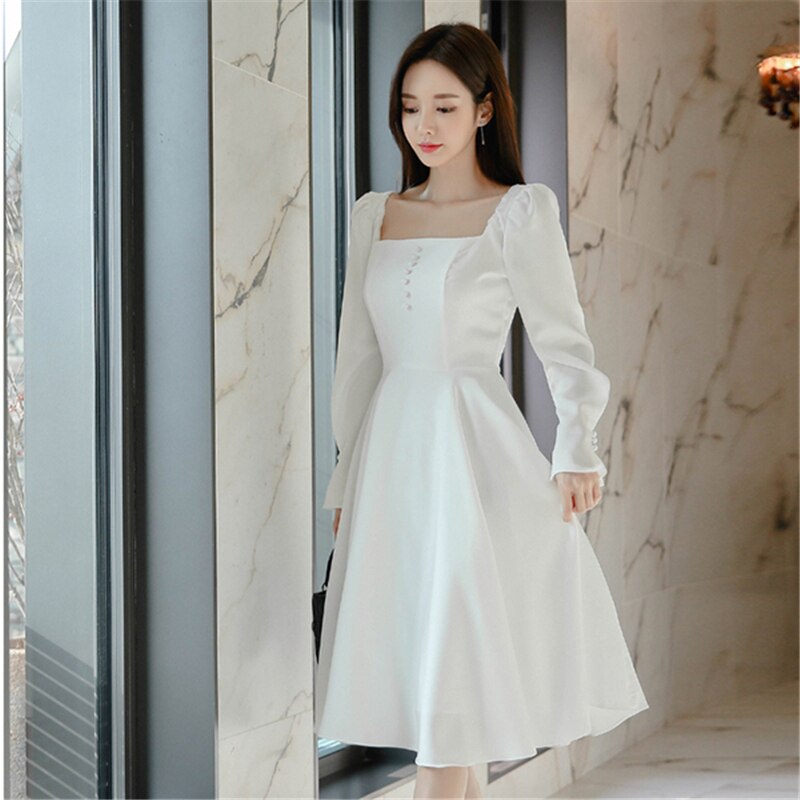 Women Solid Color Long Sleeve A-Line Dress 2020 New Korean Style Fashion Square Collar White Dress Female Casual Party Clothing