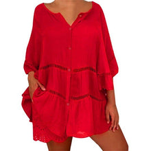 Load image into Gallery viewer, Women Solid Cotton And Linen Tops Blouse Casual Loose Hollow Out V-neck Blouses Shirts White Blusas Ladies Large Size Tunic Топ