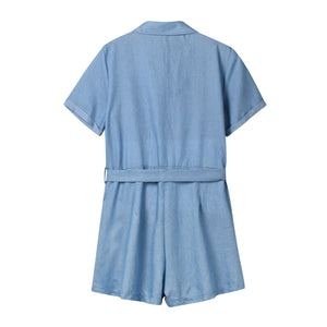 Women Solid Female Jumpsuit Lapel Denim Short-sleeved Rompers Loose Casual Short Jumpsuits Pants Overalls For Women Clothes