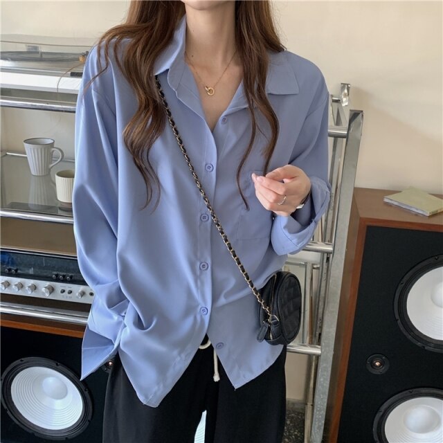 Women Solid Shirt Chic Summer Office Ladies Casual Tops And Shirts Female Korean Long Sleeves Blouses Pocket Shirts