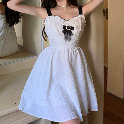 Women Spaghetti Strap Dress 2021 Summer Ladies French Sweet Temperament Bowknot Corsage Waist Slimming Vintage Vestidos De Mujer
