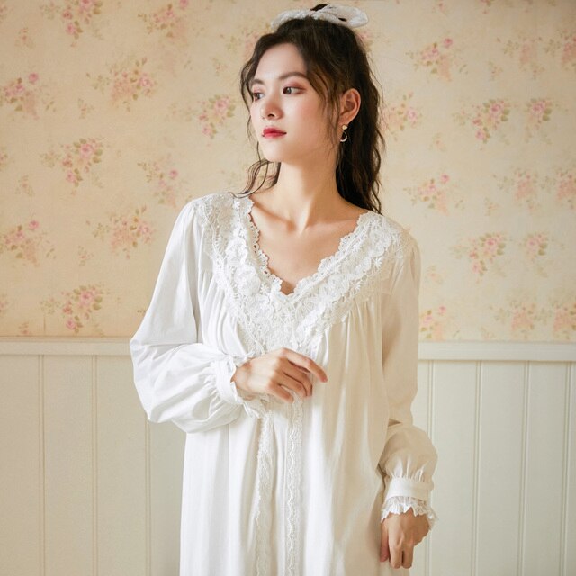 Women Spring Autumn 100% Cotton Full Sleeves Nightdress Sexy V-Neck Long Style Nightie Loose Design Princess Nightgown Sleepwear