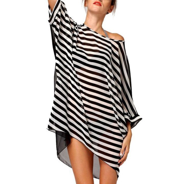 Women Stripe Dress Summer Boat Neck Ladies Blouse Shirt Swimming Tops Striped Bikini Cover Up Swimwear Beach Dress