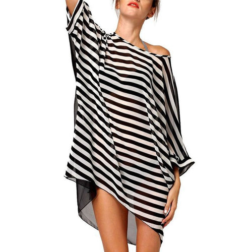 Women Stripe Dress Summer Boat Neck Ladies Blouse Shirt Swimming Tops Striped Bikini Cover Up Swimwear Beach Dress