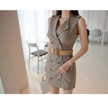 Load image into Gallery viewer, Women Stripe V-Neck Double Breasted Sleeveless High Waist Bodycon Mini Dress With Belt Elegant Office OL Lady Dresses