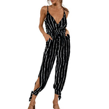 Load image into Gallery viewer, Women Striped Jumpsuit Split Rompers  V Neck Pockets Tie Waist Spaghetti Straps Summer Romper Outfits Overalls Femme Jumpsuit