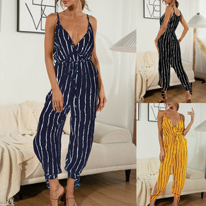 Women Striped Jumpsuit Split Rompers  V Neck Pockets Tie Waist Spaghetti Straps Summer Romper Outfits Overalls Femme Jumpsuit