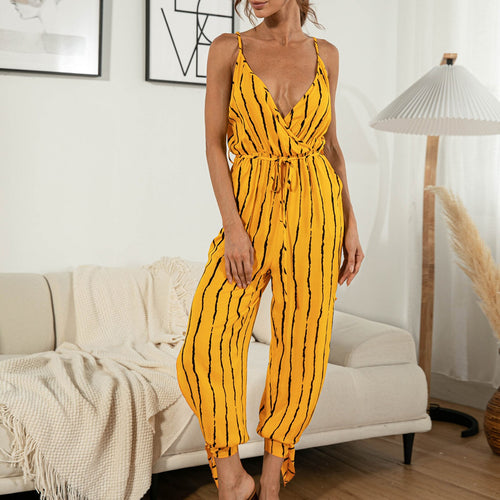 Women Striped Jumpsuit Split Rompers  V Neck Pockets Tie Waist Spaghetti Straps Summer Romper Outfits Overalls Femme Jumpsuit