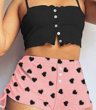 Load image into Gallery viewer, Women Suits Casual Home Sleeveless Slim Fit Heart Print Button Sling Mid-waist Drawstring Shorts Spring Summer Two Piece Set